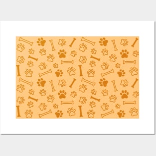 Pet - Cat or Dog Paw Footprint and Bone Pattern in Orange Tones Posters and Art